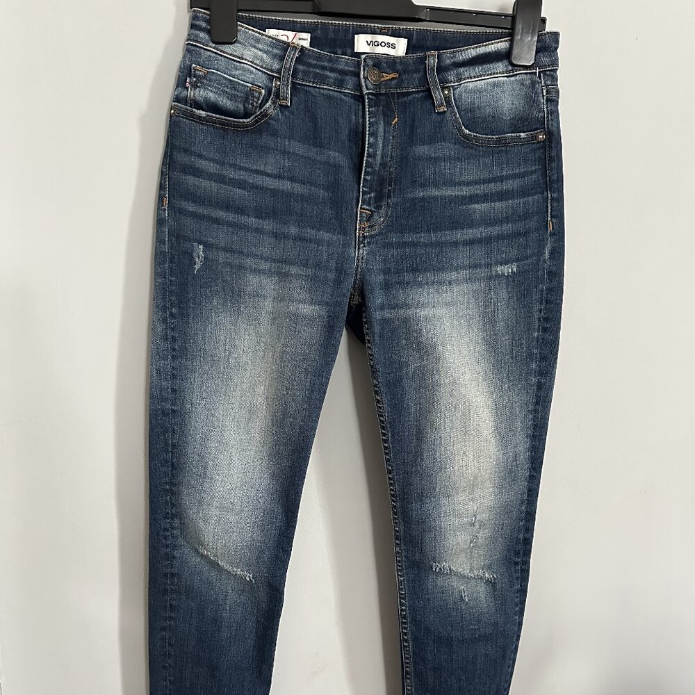 Vigoss Marley Denim Mid Rise Distressed Skinny Jeans Raw Hem Size 29 Dark Wash